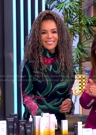 Sunny’s black floral print mock neck dress on The View