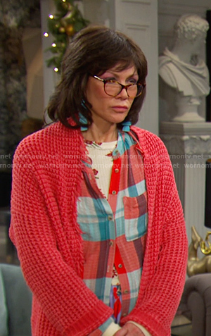 Susan's plaid shirt and pink knit cardigan on Days of our Lives