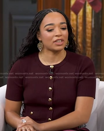 Sydni Scott’s burgundy short sleeve cardigan on Good Morning America