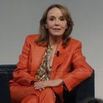 Sylvie’s red metallic blazer and pants on Emily in Paris