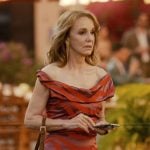 Sylie’s velvet striped off shoulder dress on Emily in Paris