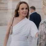 Sylvie’s white pleated one shoulder dress on Emily in Paris