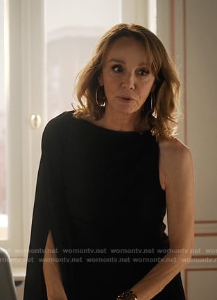 Sylvie’s black one-shoulder draped dress on Emily in Paris