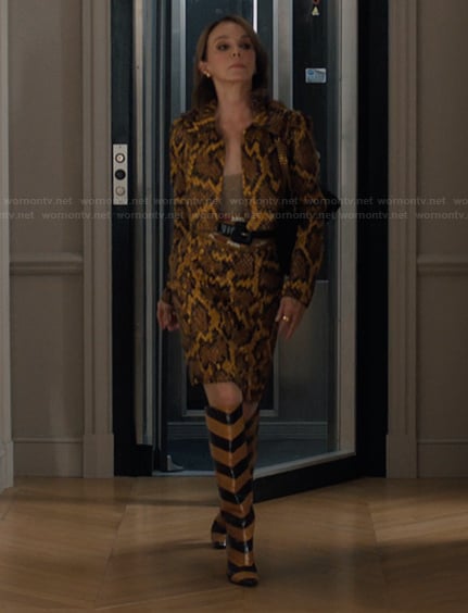 Sylvie's embellished jacket and skirt on Emily in Paris