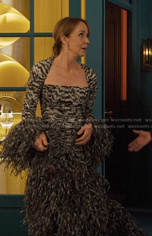 Sylvie's print feather trim dress on Emily in Paris