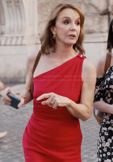 Sylvie's red one shoulder dress on Emily in Paris