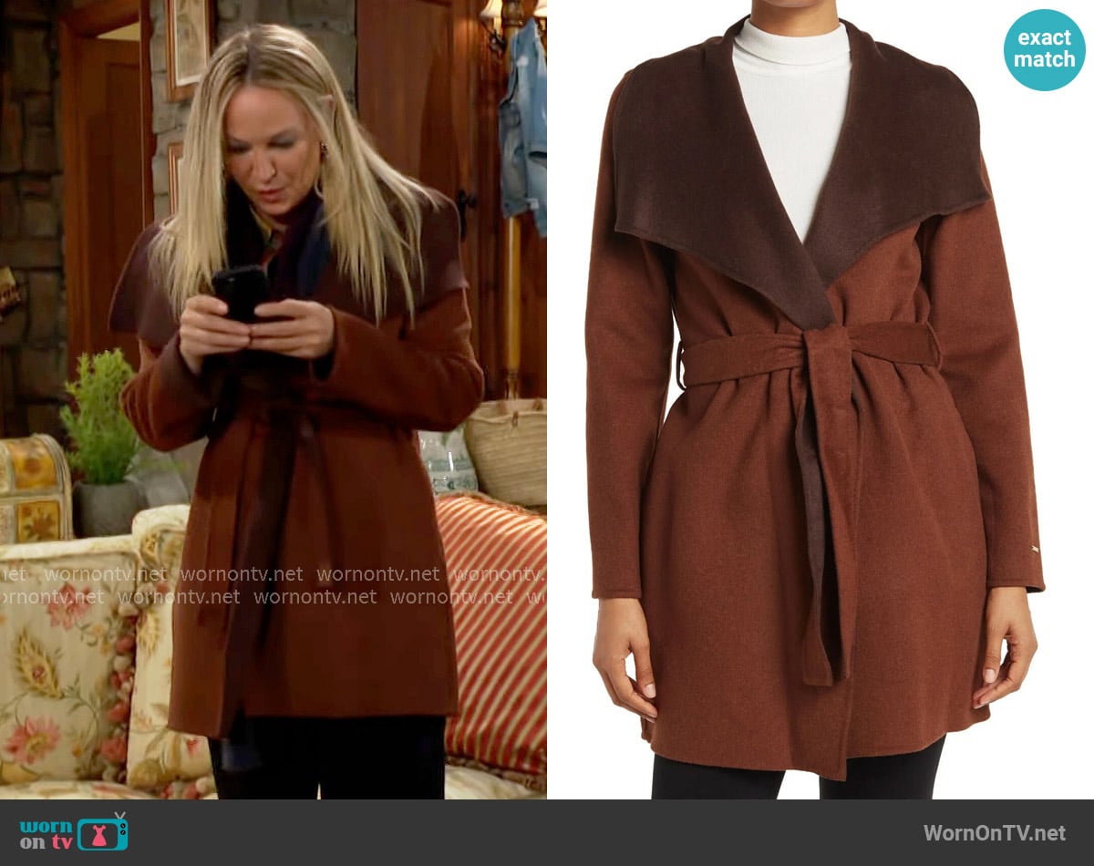 T Tahari Ella Double Face Wool Wrap Coat in Cinnamon/Chocolate worn by Sharon Newman (Sharon Case) on The Young and the Restless