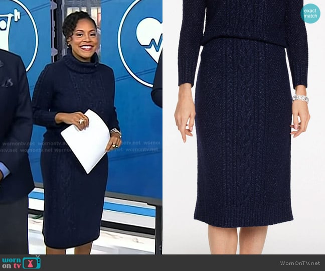 Talbots Metallic Mixed Cable Midi Skirt in Indigo Blue worn by Sheinelle Jones on Today