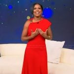Tamron's red asymmetric shoulder dress on Tamron Hall Show