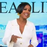 Tamron’s white ribbed button front dress on Tamron Hall Show