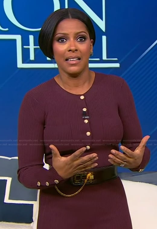 Tamron’s burgundy knit dress on Tamron Hall Show