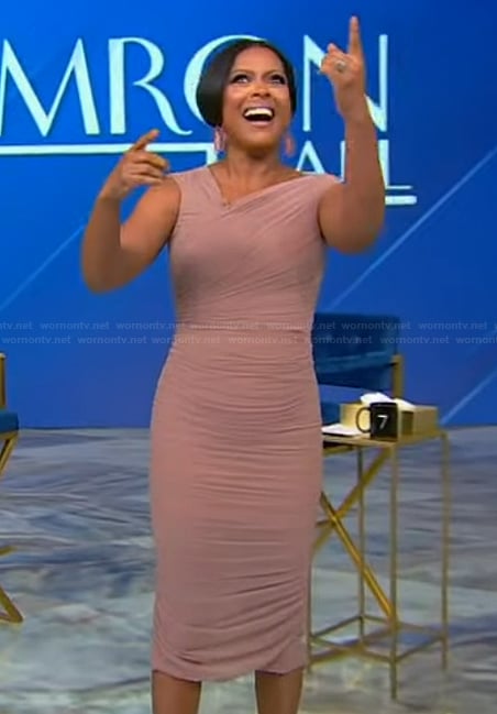 Tamron’s pink ruched one shoulder dress on Tamron Hall Show