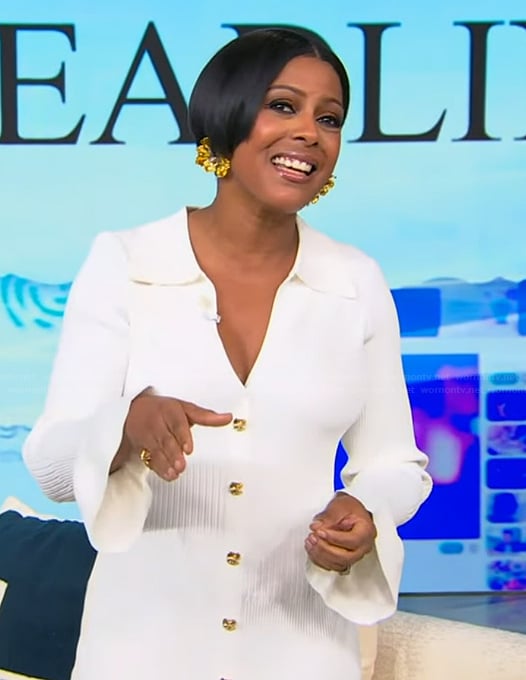 Tamron's white ribbed button front dress on Tamron Hall Show
