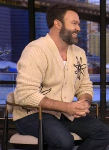 Taran Killam’s beige floral cardigan on Live with Kelly and Mark