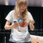 Taylor Swift’s Led Zeppelin t-shirt and pleated denim skirt on The End of an Era