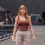 Taylor Swift's brown tank top and TTPD sweatpants on The End of an Era