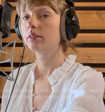 Taylor Swift’s white ruffle trim top on The End of an Era