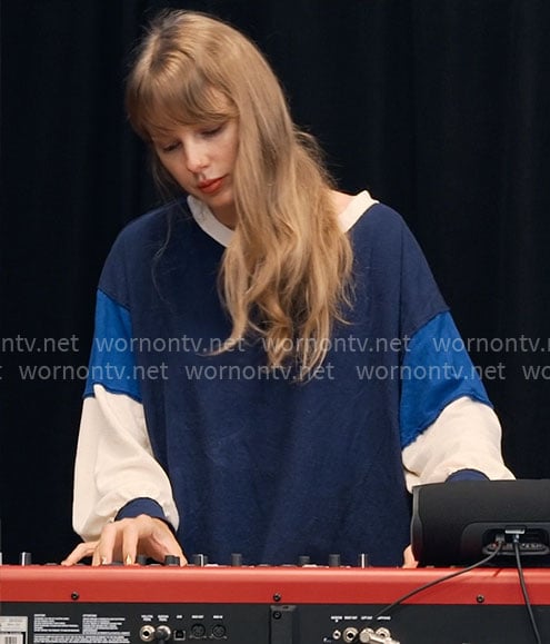 Taylor's blue colorblock top on The End of an Era