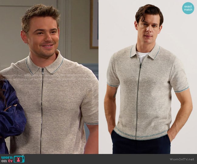 Ted Baker Rojor Ss Zip Through Textured Front Polo in Natural worn by Johnny DiMera (Carson Boatman) on Days of our Lives