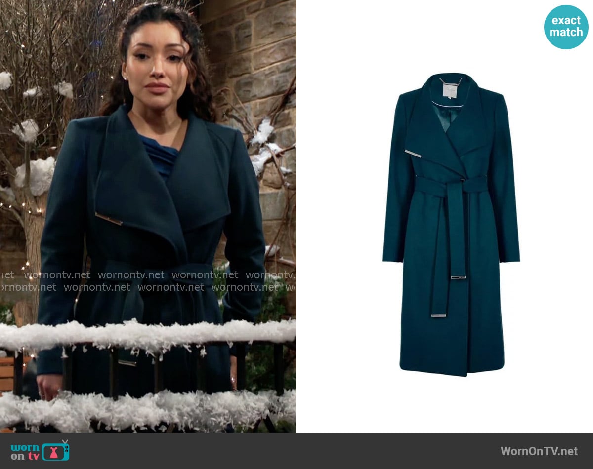 Ted Baker Rose Coat in Teal worn by Audra Charles (Zuleyka Silver) on The Young and the Restless