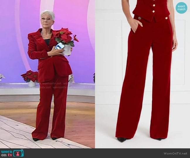 Temperley London Clove Velvet Waisted Trousers in Scarlet worn by Jamie Lee Curtis on Today