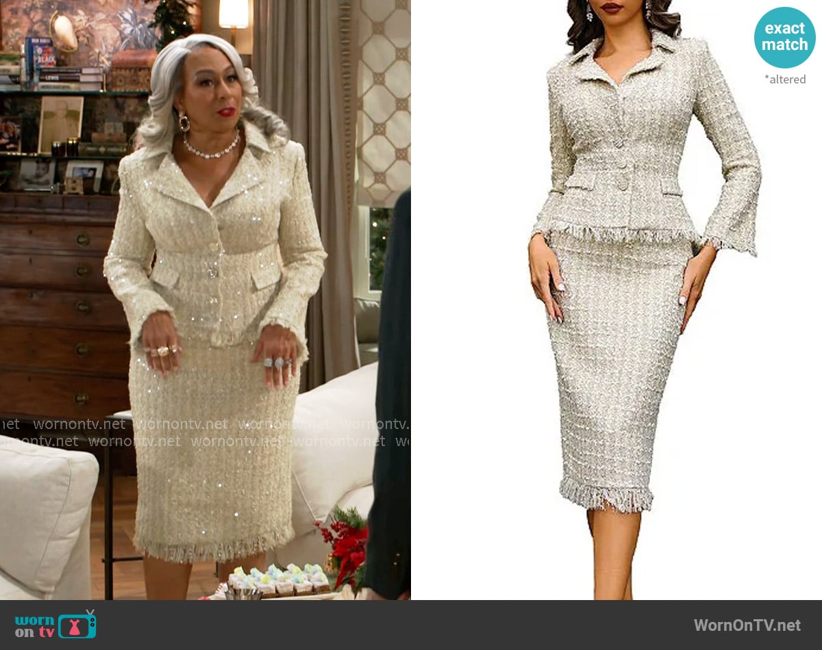 Terani Couture Notch Collar Fringe Trim Mock Two Piece Tweed Sheath Midi Dress in Cream worn by Anita Dupree (Tamara Tunie) on Beyond the Gates