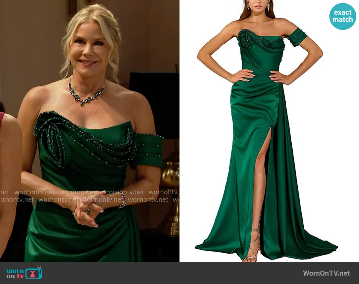 Terani Couture Off The Shoulder Ruched Satin Gown worn by Brooke Logan (Katherine Kelly Lang) on The Bold and the Beautiful