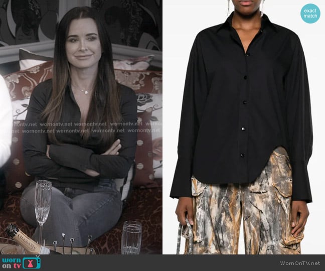 Kayle’s black long cuff asymmetric shirt on RHOBH Kayle’s black long cuff asymmetric shirt on RHOBH