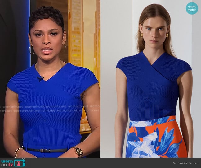 The Fold Elodie Sculpt Knit Top in Vibrant Blue worn by Jericka Duncan on CBS Evening News