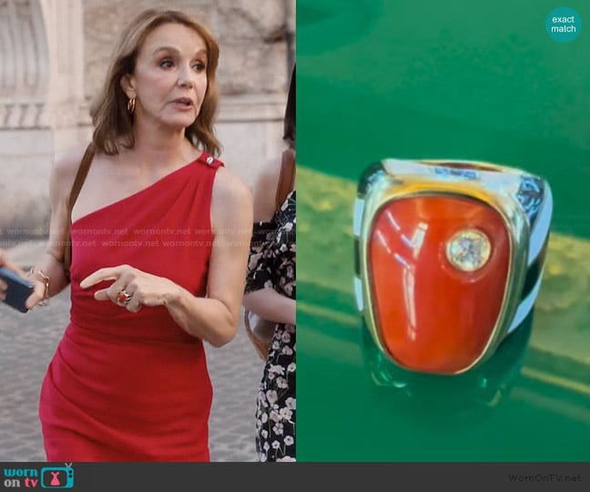 The Long Kiss Jewellery Black and White Enamel Stripes with Trapezoid Coral Set and a Diamond worn by Sylvie (Philippine Leroy-Beaulieu) on Emily in Paris