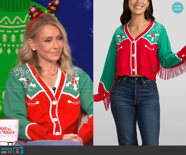 Tipsy Elves Christmas Cowgirl Cropped Cardigan Sweater worn by Kelly Ripa on Live with Kelly and Mark