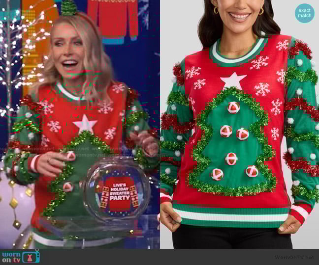 Tipsy Elves Deck the Halls Game Ugly Christmas Sweater worn by Kelly Ripa on Live with Kelly and Mark