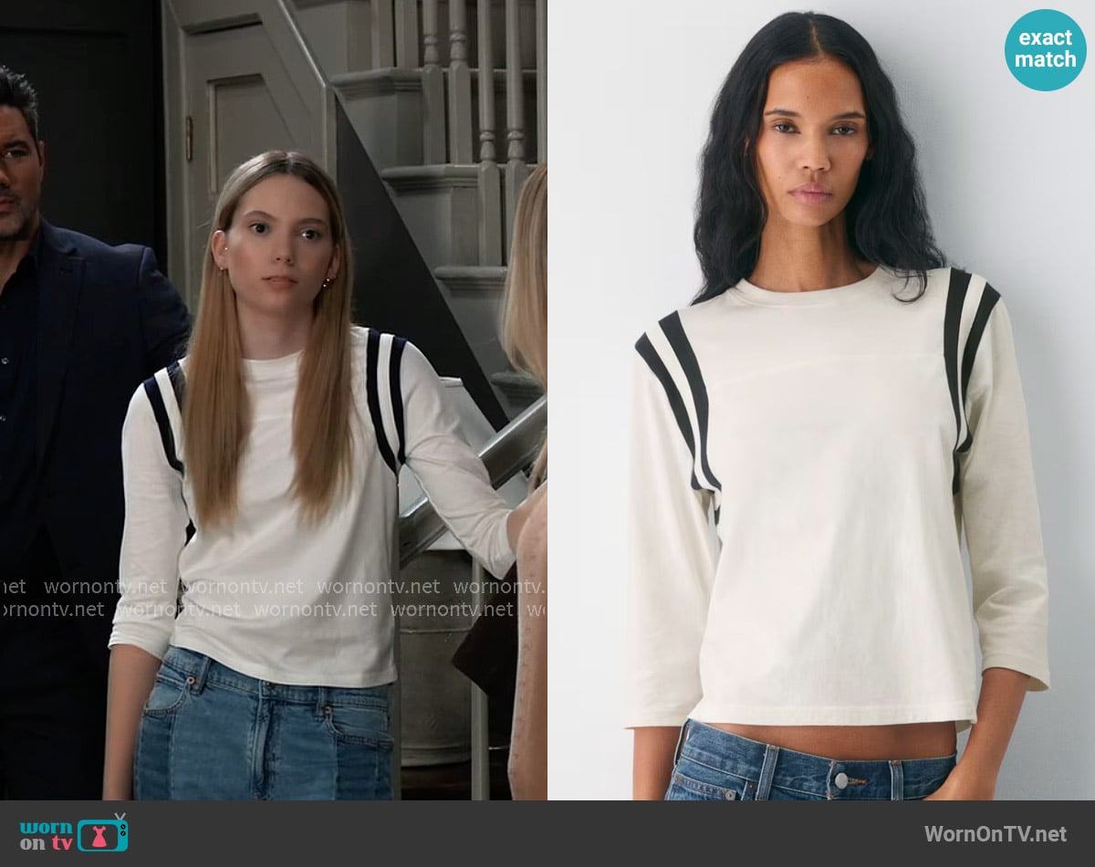 Charlotte’s white striped-shoulder tee on General Hospital Charlotte’s white striped-shoulder tee on General Hospital