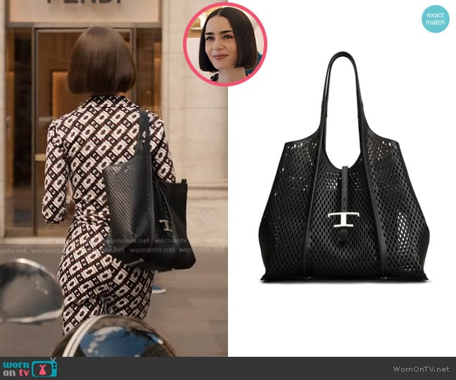 Tod's T Timeless tote bag worn by Emily Cooper (Lily Collins) on Emily in Paris