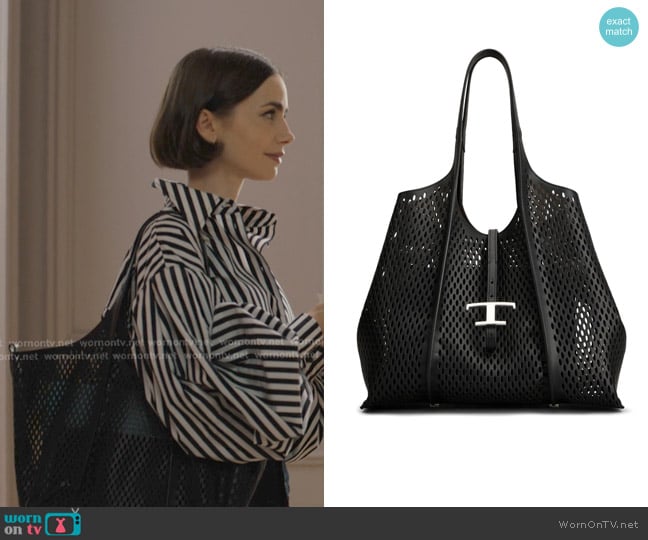 Tod's T Timeless tote bag worn by Emily Cooper (Lily Collins) on Emily in Paris