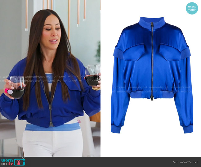 Tom Ford Silk Zip-Up Bomber Jacket in Blue worn by Angie Katsanevas on The Real Housewives of Salt Lake City