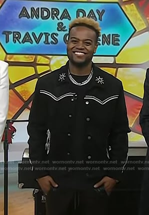 Travis Greene's black embellished suede jacket on Today