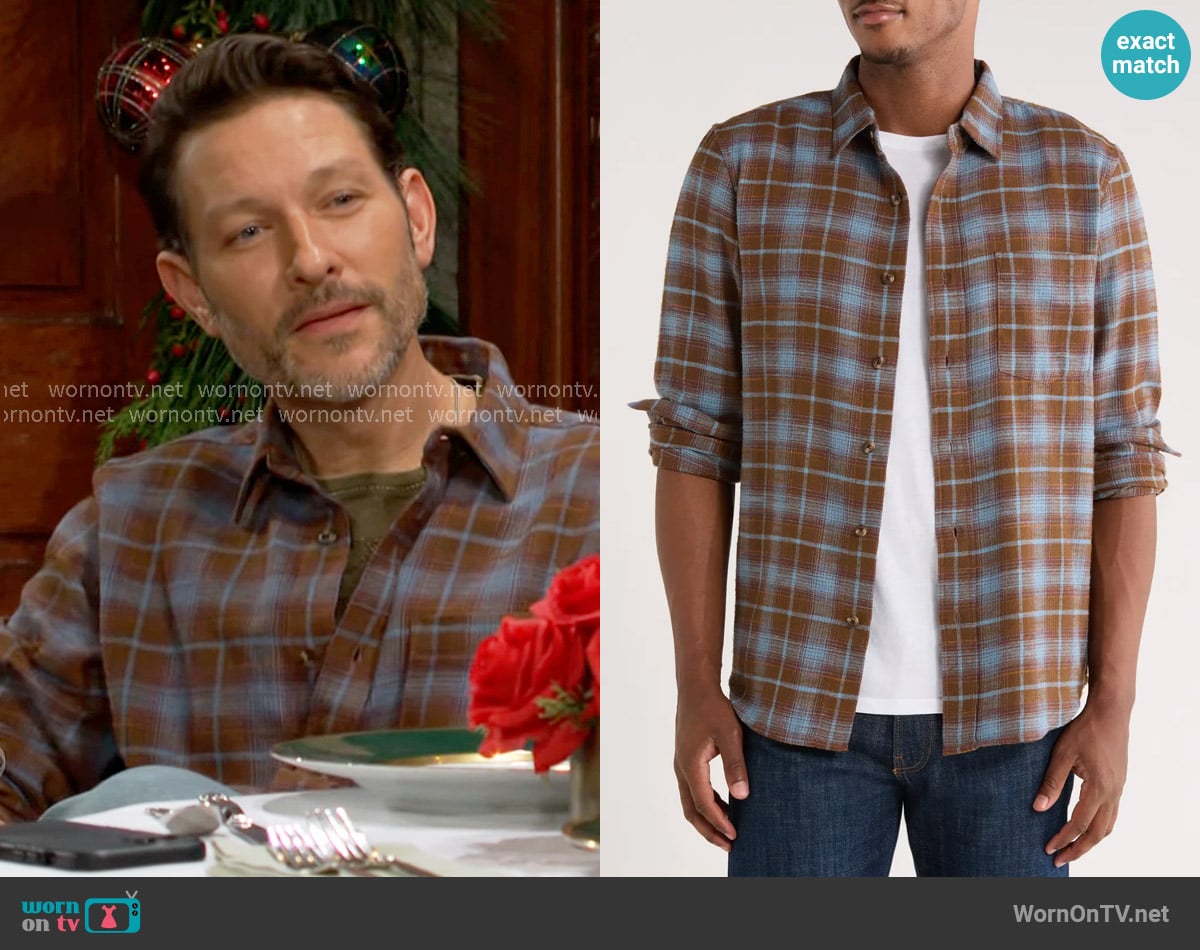 Treasure & Bond Ombré Check Slub Cotton Flannel Button-Up Shirt in Brown Desert Milo Plaid worn by Daniel Romalotti (Michael Graziadei) on The Young and the Restless