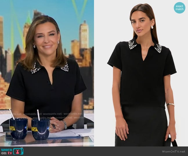 Tuckernuck Knit Embellished Anica Polo in Black worn by Mary Bruce on Good Morning America