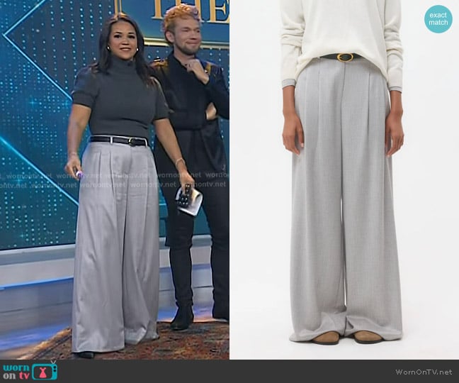 TWP Avery Stretch-Wool Wide-Leg Pants in Light Heather Grey worn by Laura Jarrett on Today