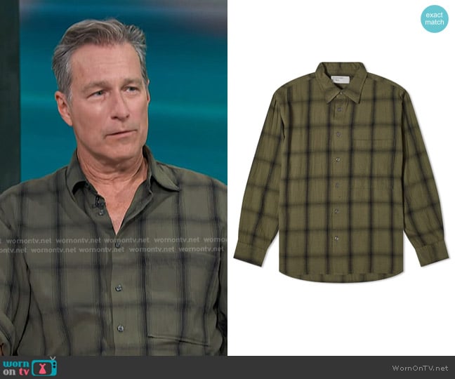 Universal Works Square Pocket Shirt in Khaki worn by John Corbett on Access Hollywood