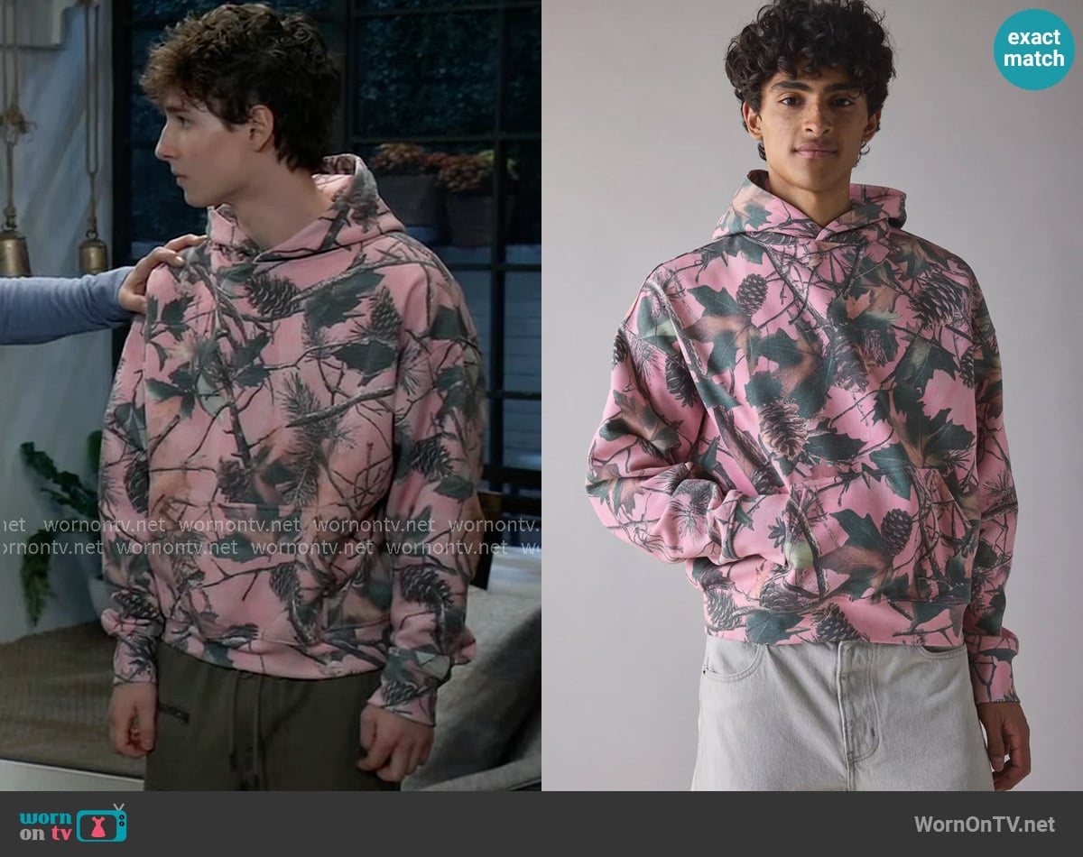 Urban Outfitters Woodland Camo Pattern Pullover Hoodie Sweatshirt worn by Rocco Falconeri (Finn Francis Carr) on General Hospital