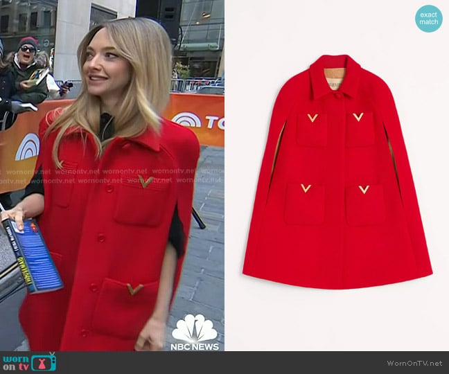 Valentino Drill Double Cape in Red worn by Amanda Seyfried on Today