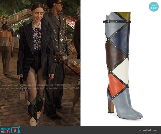 Valentino Garavani Leather Patchwork Studded Knee-High Boots worn by Emily Cooper (Lily Collins) on Emily in Paris