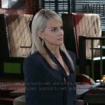 Vanessa’s navy pinstripe tie-neck dress on Beyond the Gates