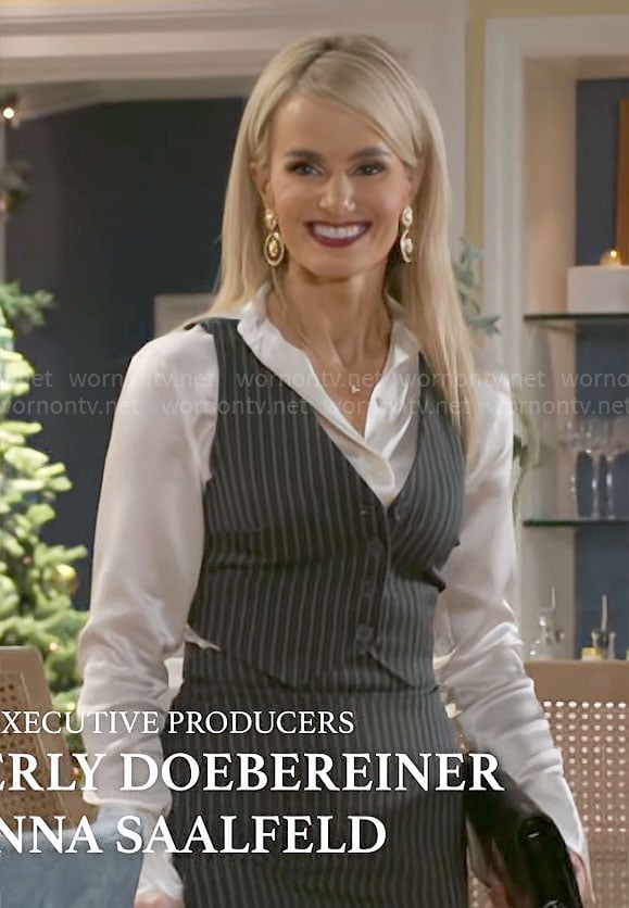 Vanessa’s pinstripe vest and skirt set on Beyond the Gates