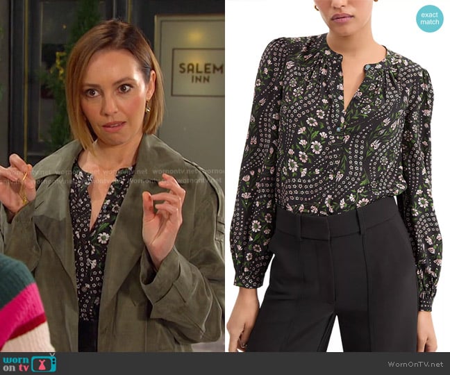 Veronica Beard Ashlynn Floral-Print Silk Top worn by Gwen Rizczech (Emily O'Brien) on Days of our Lives