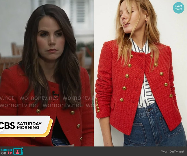 Veronica Beard Bentley Jacket in Nantucket Red worn by Elizabeth Cook on CBS Mornings
