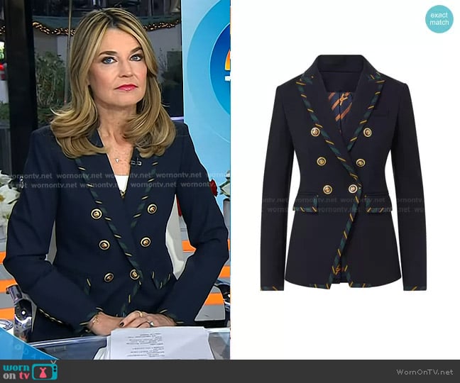 Veronica Beard Miller Striped Piping Dickey Jacket in Navy worn by Savannah Guthrie on Today