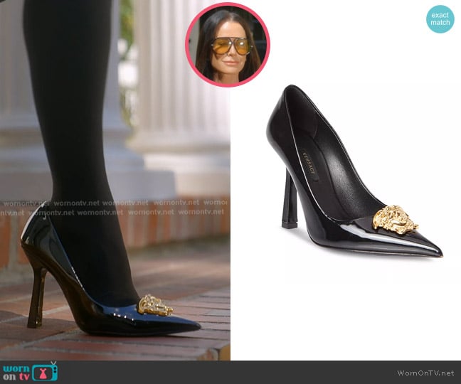 Versace La Medusa Patent-leather Pumps by Versace worn by Kyle Richards on The Real Housewives of Beverly Hills